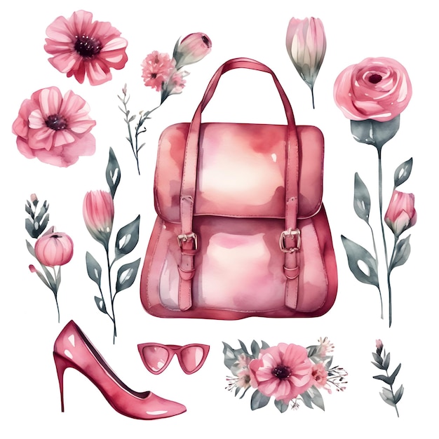 Conjunto de mochila rosa com acessórios femininos Aquarela ilustração isolada pintada à mão