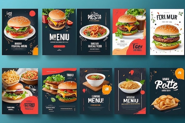 Conjunto de modelos de banners quadrados com temas de menus de alimentos que você pode editar Perfeito para branding de negócios