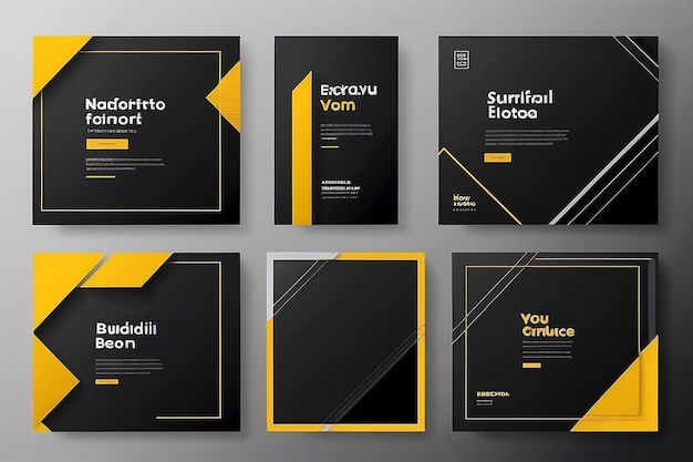 Foto conjunto de modelos de banners quadrados mínimos editáveis de cor de fundo preta e amarela com forma de linha de listra
