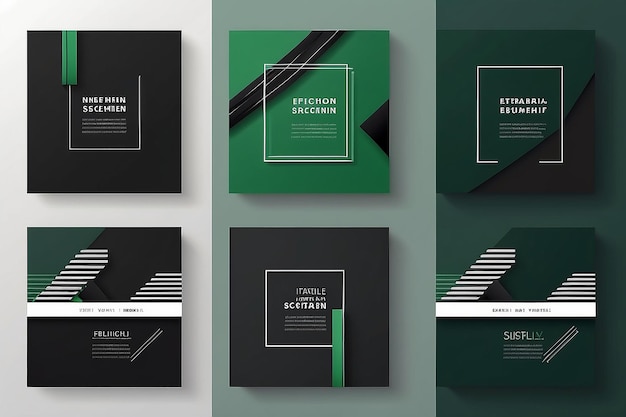 Conjunto de modelos de banners quadrados mínimos editáveis de cor de fundo preta e verde com forma de linha de listra