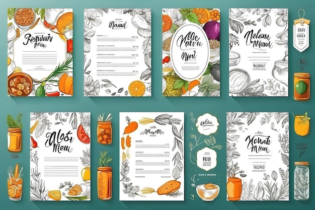 Foto conjunto de modelos de design de panfletos de menus de restaurantes em tamanho a4