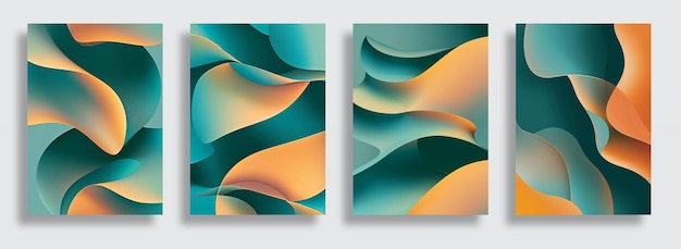 Conjunto de modelos de quatro capas com formas redondas geométricas abstratas suaves em verde e laranja