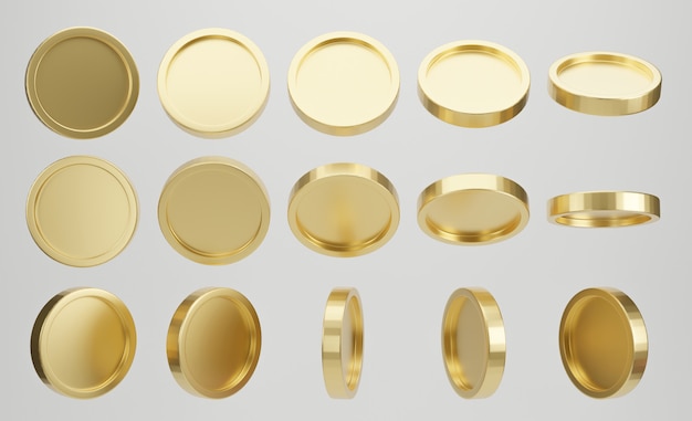 Conjunto de moedas de ouro sobre fundo branco. renderização 3d.