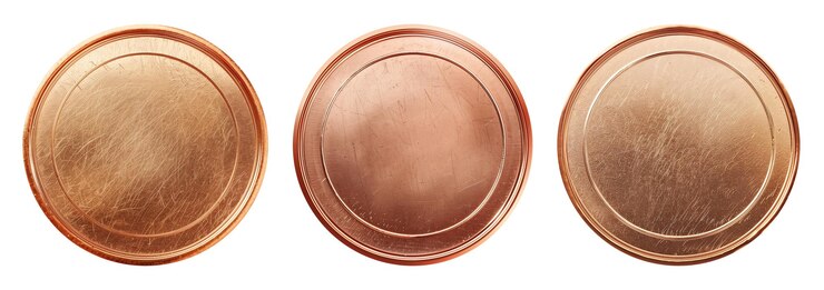 Foto conjunto de moedas ou medalhas de cobre em branco realistas isoladas em um modelo de fichas metálicas vazias brancas