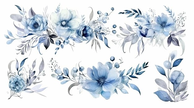 Foto conjunto de moldura floral de aquarela azul e cinza para convite de casamento