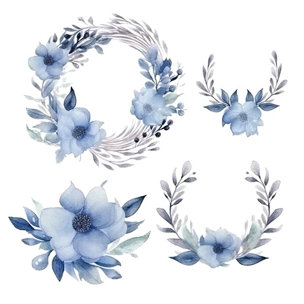 Conjunto de moldura floral de aquarela azul e cinza para convite de casamento