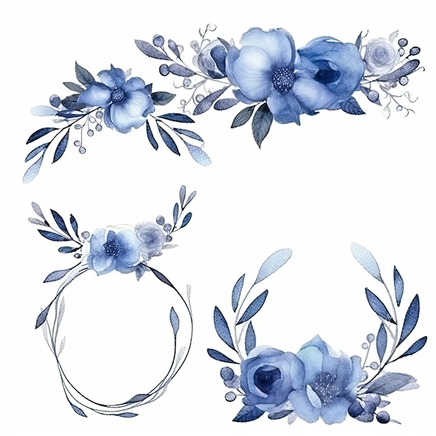 Conjunto de moldura floral de aquarela azul e cinza para convite de casamento