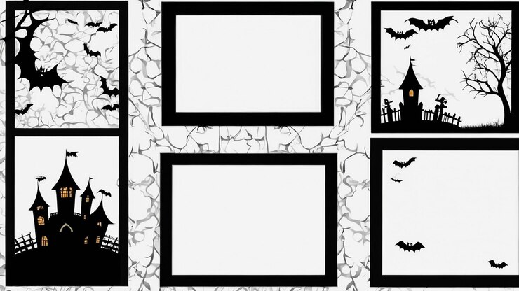 Foto conjunto de molduras de halloween com silhuetas de abóboras morcegos galhos de árvores ilustração vetorial