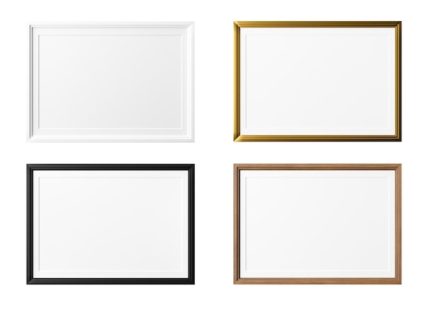 Conjunto de molduras horizontais isoladas no fundo branco. Molduras brancas, pretas, douradas e de madeira brilhantes com borda de papel branco no interior. Modelo, maquete para sua foto ou pôster. renderização 3D.