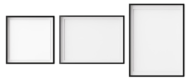 Conjunto de molduras quadradas horizontais e verticais isoladas no fundo branco Molduras pretas com borda de papel branco dentro de maquete de modelo para sua imagem ou pôster renderização em 3d
