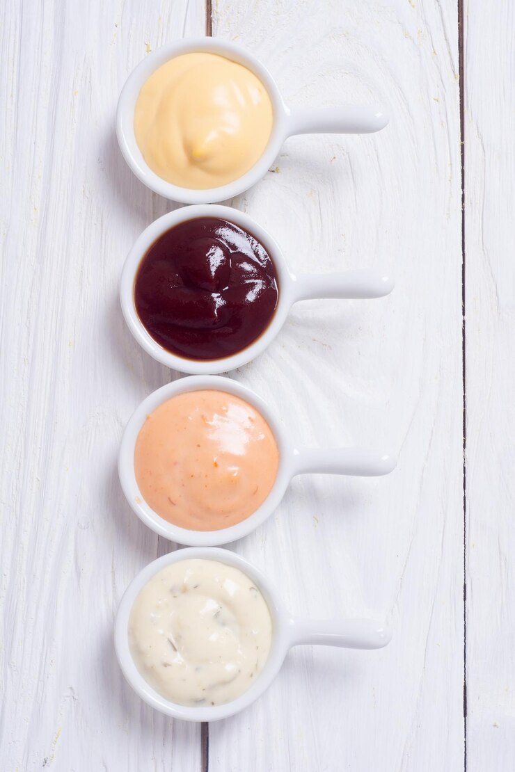 Foto conjunto de molhos em pires brancos vista superior