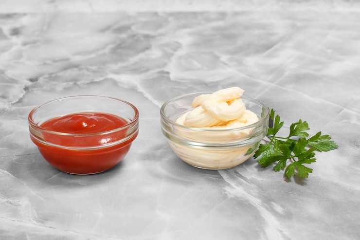 Foto conjunto de molhos - taças de vidro com ketchup e molho de queijo com folhas de salsa na mesa da cozinha ... vista superior.