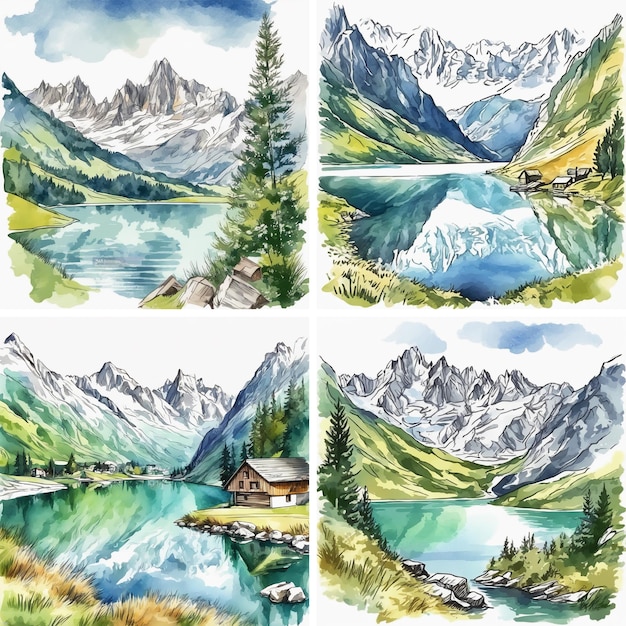 Conjunto de montanhas dos Alpes e casa ao lado do lago Aquarela ilustração pintada à mão