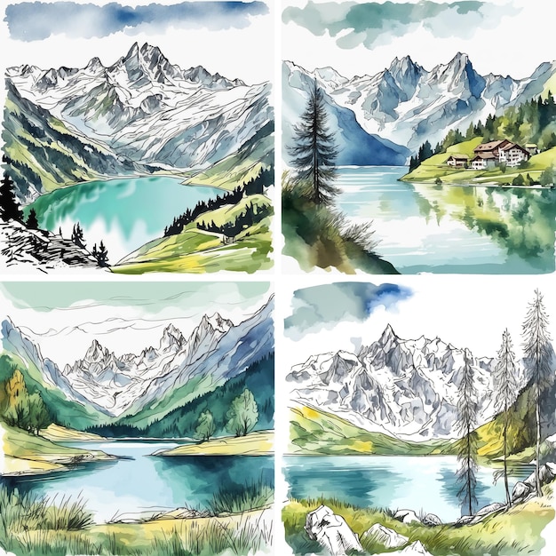 Conjunto de montanhas dos Alpes e lago Aquarela ilustração pintada à mão