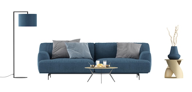 Conjunto de móveis com mesa de centro de sofá azul e luminária de chão isolada em fundo branco renderização 3d