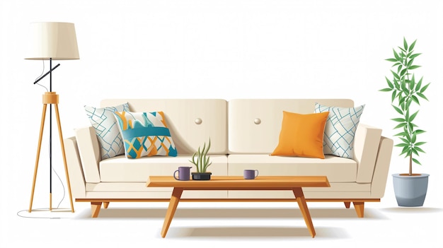 Conjunto de móveis contemporâneos com sofá, mesa de café e lâmpada