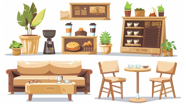 Conjunto de móveis de desenho animado moderno detalhado para um café com café, chá e bolos, quadro de menu, cinzeiro e plantas em branco