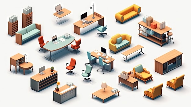 Conjunto de móveis de escritório isométricos com ícones de mesa e cadeira