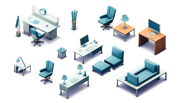 Conjunto de móveis de escritório isométricos com ícones de mesa e cadeira