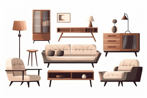 Conjunto de móveis para sala de estar isolado em branco