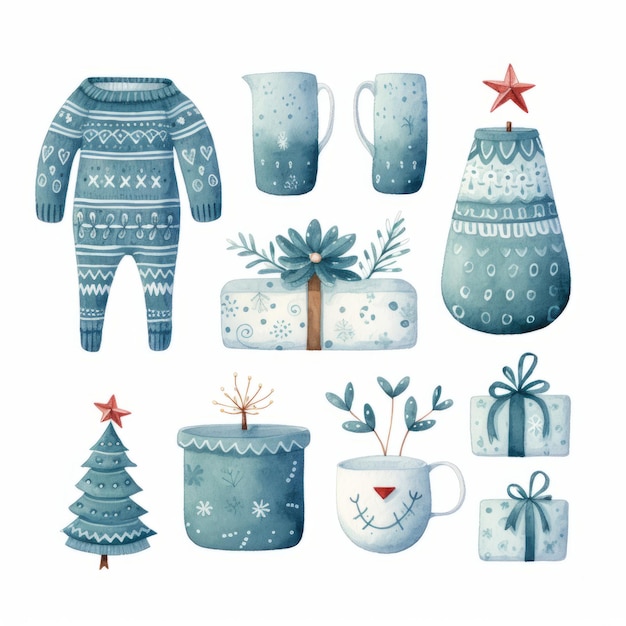 Conjunto de Natal aquarela desenhado à mão elementos de inverno ilustração vetorial