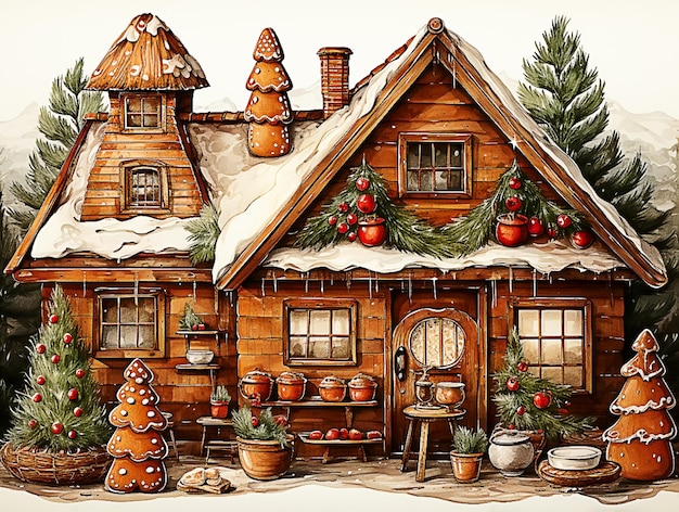 Conjunto de Natal em aquarela com casas de inverno Cabanas de madeira pintadas à mão com cerca e pinheiros nevados