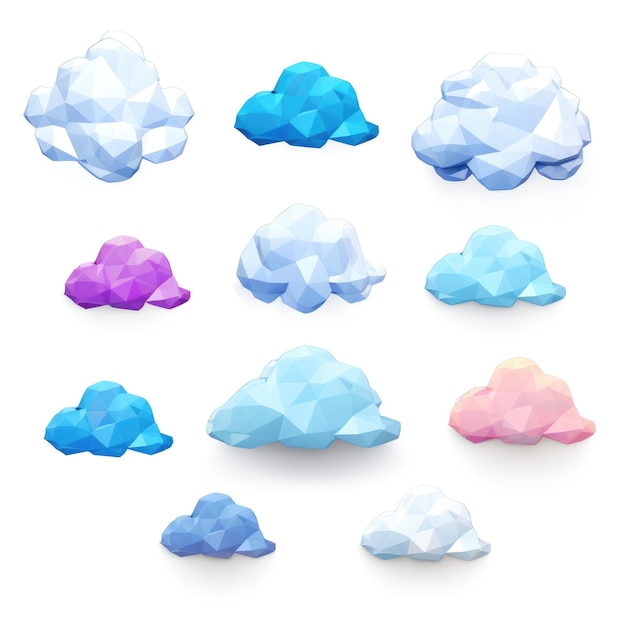 Conjunto de nuvens poli baixas em fundo branco