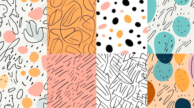 Conjunto de padrão sem emenda de doodle de linha colorida divertida Coleção de fundo de arte de estilo minimalista criativo para crianças ou design moderno com formas básicas IA generativa