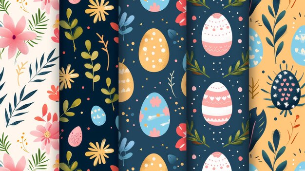 Conjunto de padrões de Páscoa sem costura modernos com ovos de Páscua flores folhagem repetida estação da primavera em padrões de tecido para impressões tapete cobre embalagens anúncios para crianças