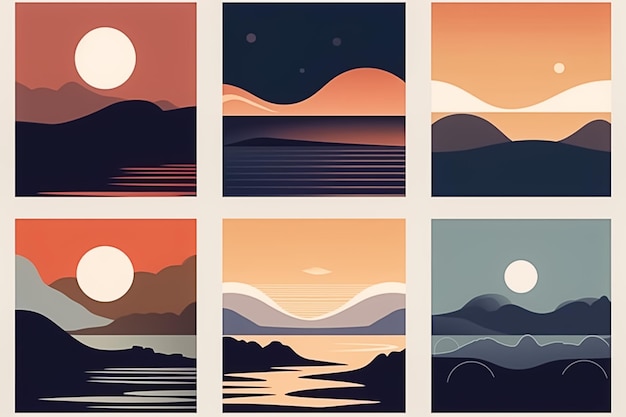 Conjunto de paisagem com montanhas Imagens de ilustração abstrata de pôr do sol e floresta geradas por Ai