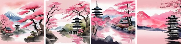 Conjunto de paisagens do Japão à noite com acácia rosa Aquarela ilustração pintada à mão