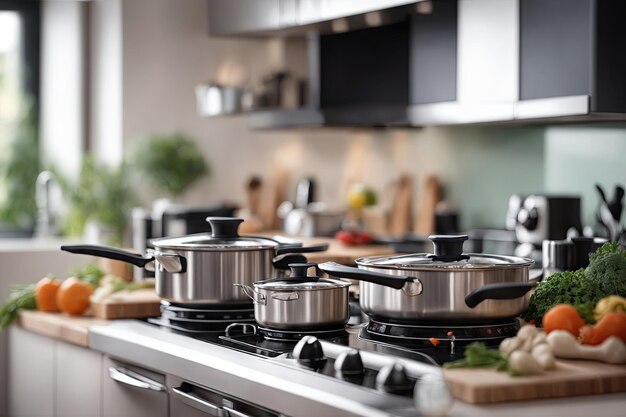 Conjunto de panelas metálicas de cozinha Mockup utensílios de cozinha livro de receitas conceito de aulas de culinária