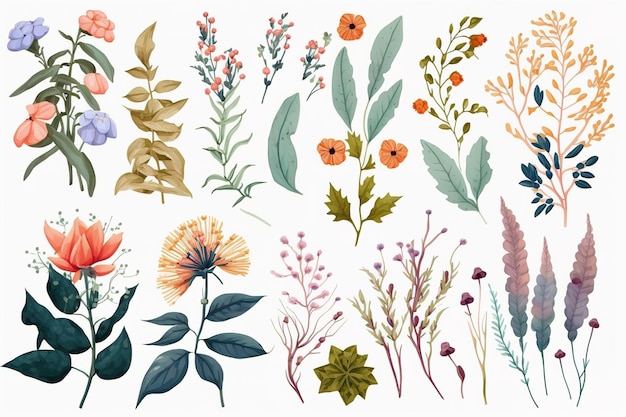 Conjunto de partes separadas de flores em aquarelas