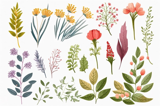 Conjunto de partes separadas de flores em aquarelas