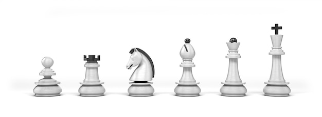 Conjunto de peças de xadrez de madeira brancas isoladas no fundo branco