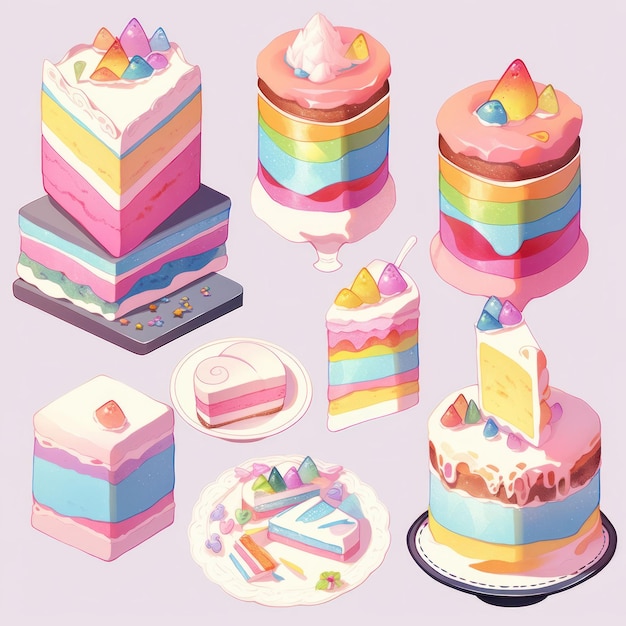 Conjunto de pedaço de bolo fofo de ilustração e cor pastel de sobremesa Criado com tecnologia Generative AI