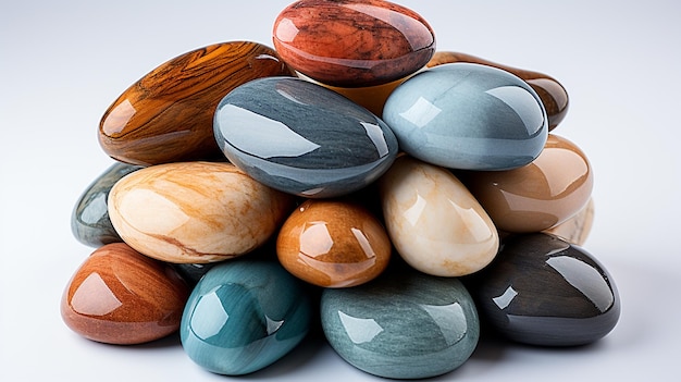 Foto conjunto de pedras de mármore coloridas na vista superior de fundo branco
