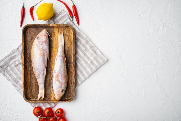 Conjunto de peixes de frutos do mar inteiros surmullet crus, com ingredientes e ervas, no fundo da mesa de pedra branca, vista de cima plana leiga, com espaço de cópia para o texto