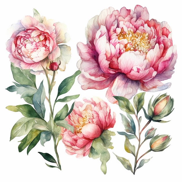 conjunto de peônias aquarela com folhas e flores