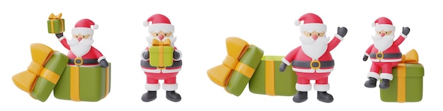 Conjunto de personagem de desenho animado 3d papai noel com caixas de presente para design de natal isolado em fundo branco renderização em 3d