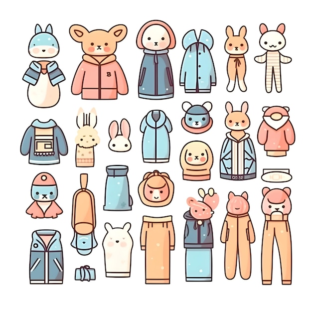 Conjunto de personagens de desenhos animados bonitos em roupas de inverno mão desenhada ilustração vetorial
