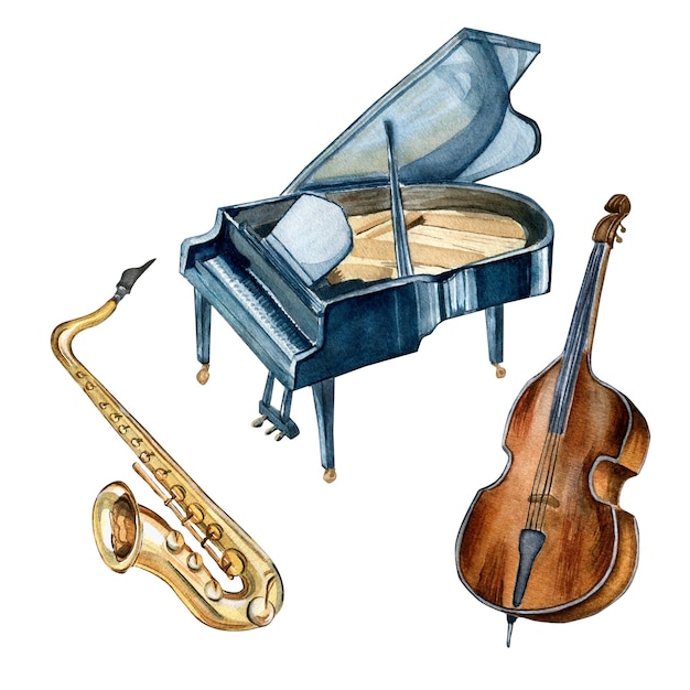 Conjunto de piano de cauda saxofone contrabaixo instrumentos musicais ilustração em aquarela isolada