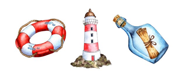 Conjunto de pintura em aquarela garrafa com nota farol bóia salva-vidas apoio naval propriedade marinheiro