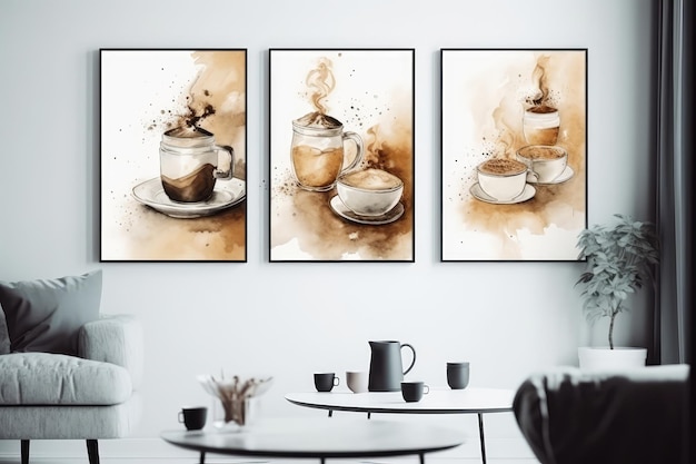 Conjunto de pinturas de café na parede branca Generative AI