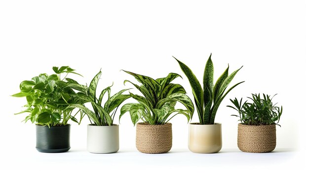 Conjunto de plantas de interior em vasos em fundo branco