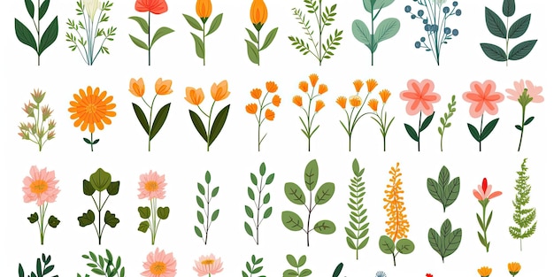 conjunto de plantas flores folhas em um estilo plano em um fundo branco