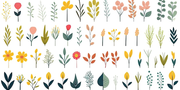 conjunto de plantas flores folhas em um estilo plano em um fundo branco