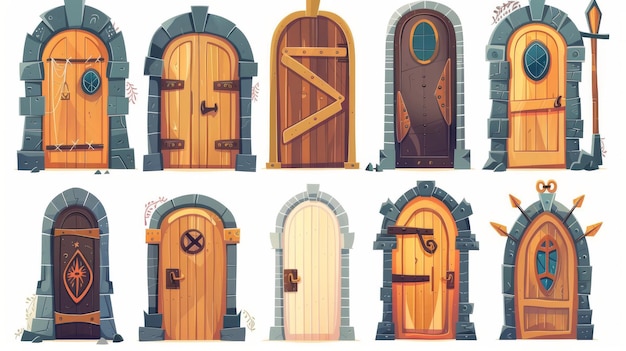 Conjunto de portas históricas de madeira isoladas em fundo branco Ilustração de desenho animado moderno de porta de arco de varanda de pedra com maçaneta de ferro de portão trancado arquitetura antiga