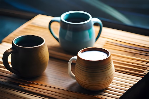 Foto conjunto de potes de cerâmica com uma xícara e uma xícara com a tampa aberta.