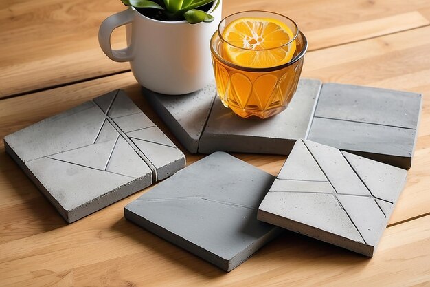 Conjunto de prateleiras de concreto DIY com desenhos geométricos que oferecem proteção elegante e funcional para a mesa